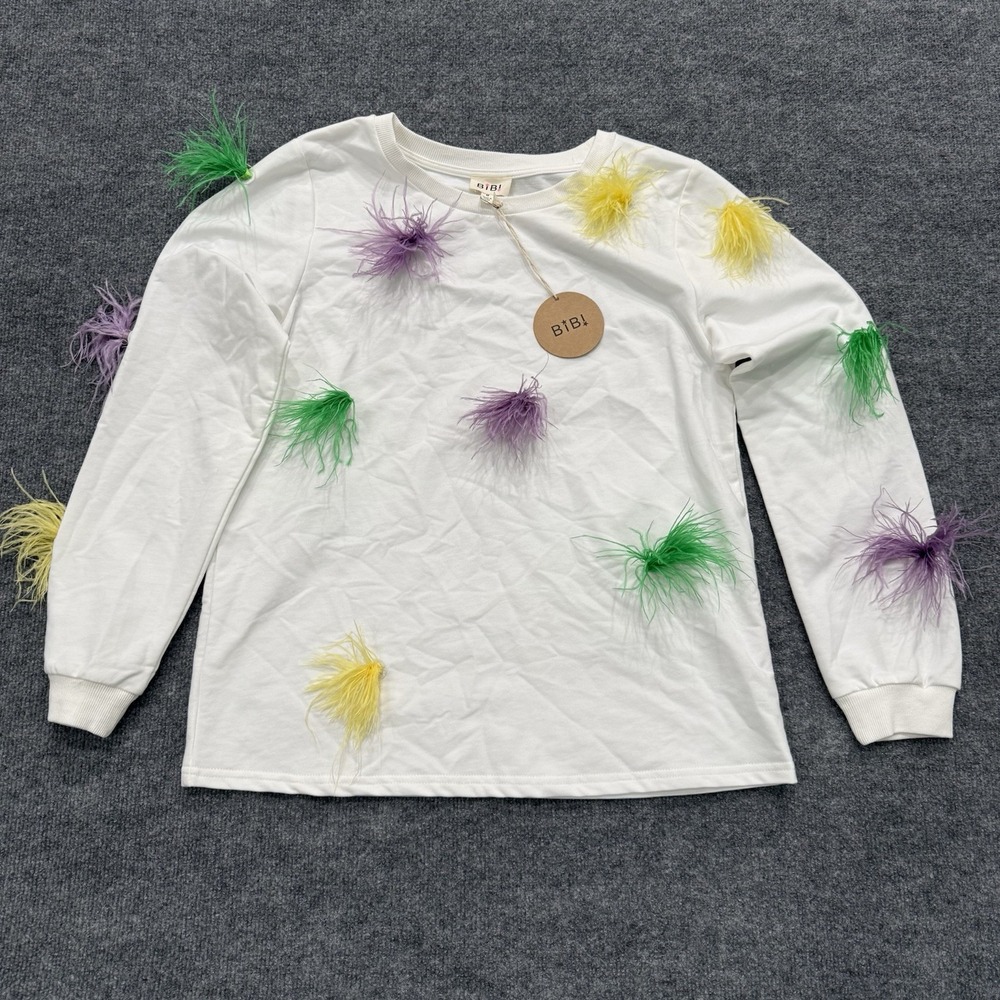 BIBI Mardi Gras Feather Puff Top Womens M White NWT Long Sleeve Knit Crewneck